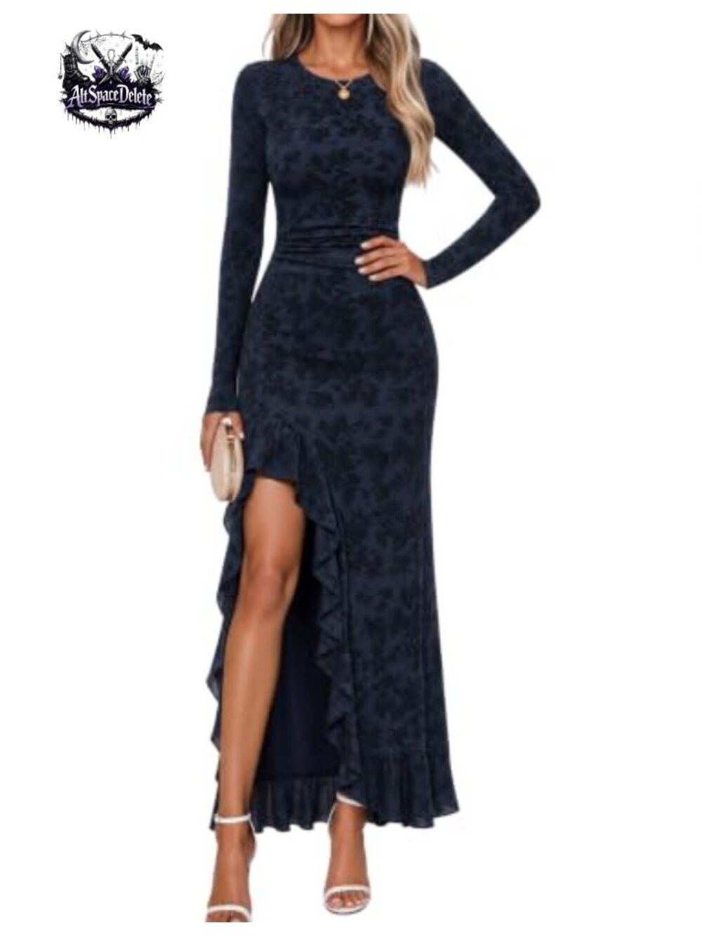 Long Sleeve Floral Ruffle Maxi Dress Formal Wedding Guest High Slit